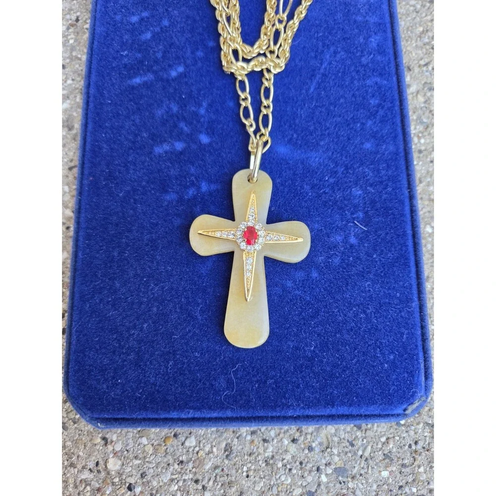 Jackie Kennedy Camrose Kross 3 Strand Gold Red Jewel Cross Pendant. Orig Box COA
